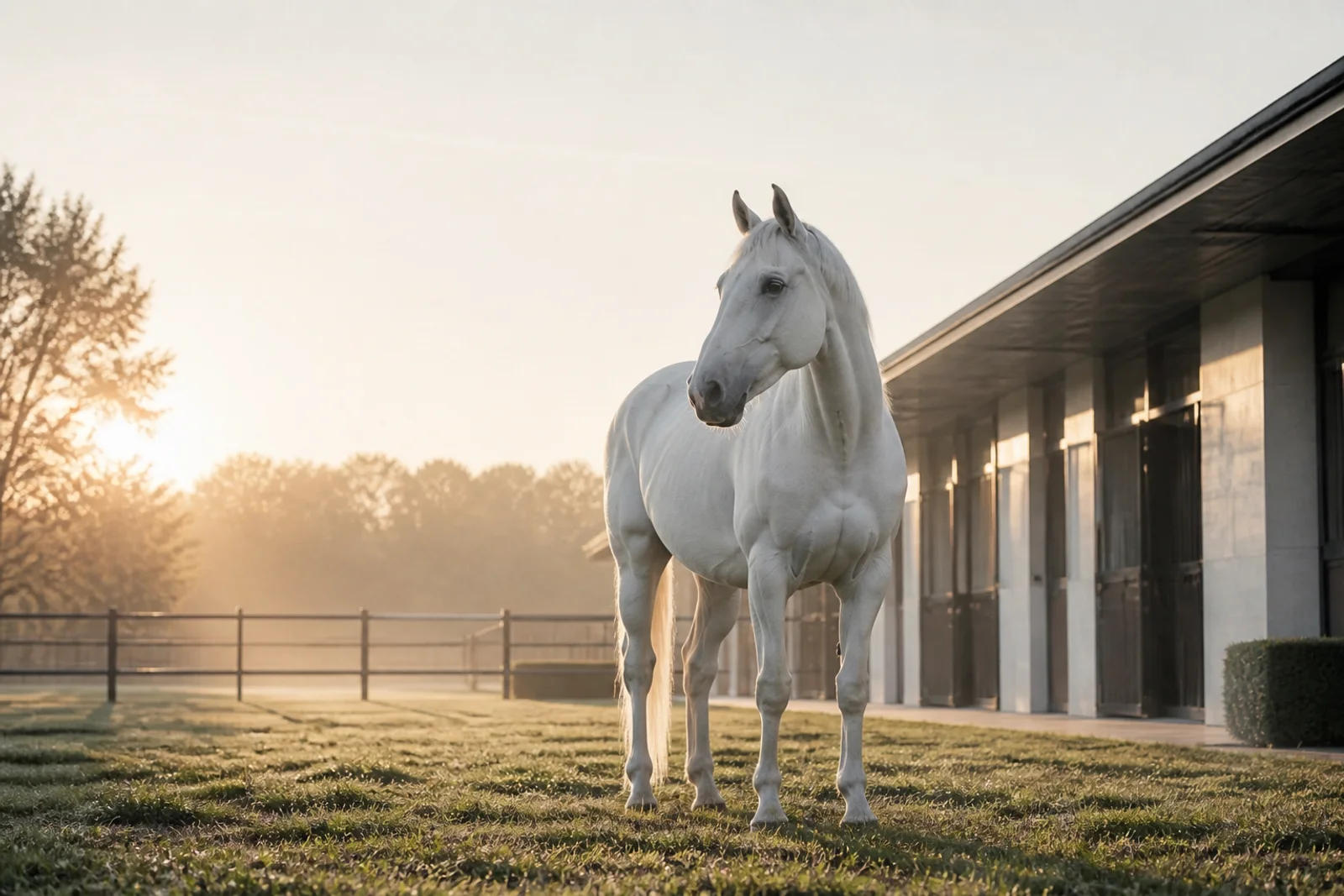 White horse at an equestrian facility in early morning light