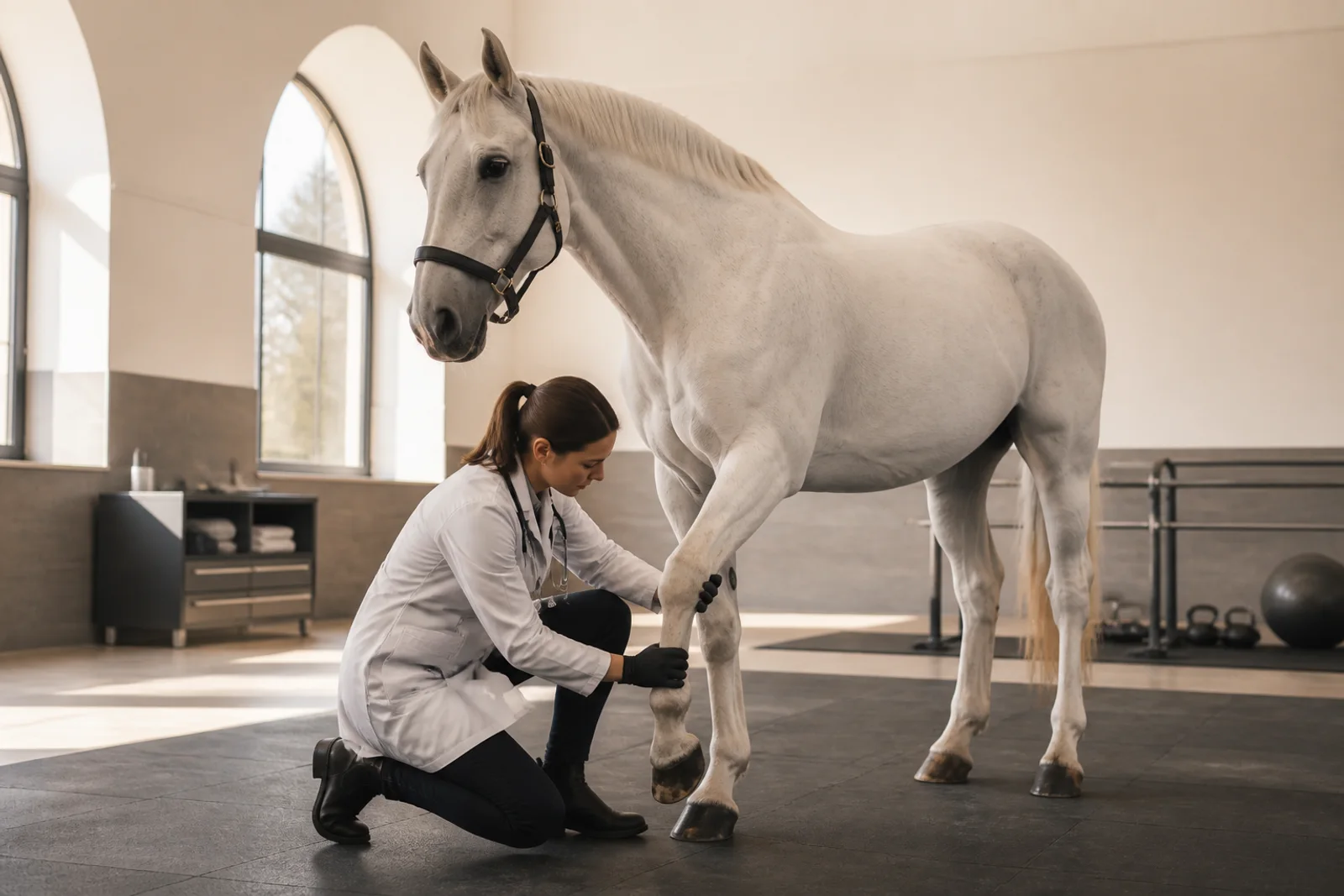 Veterinarian evaluating a white horse's limb in an equine facility