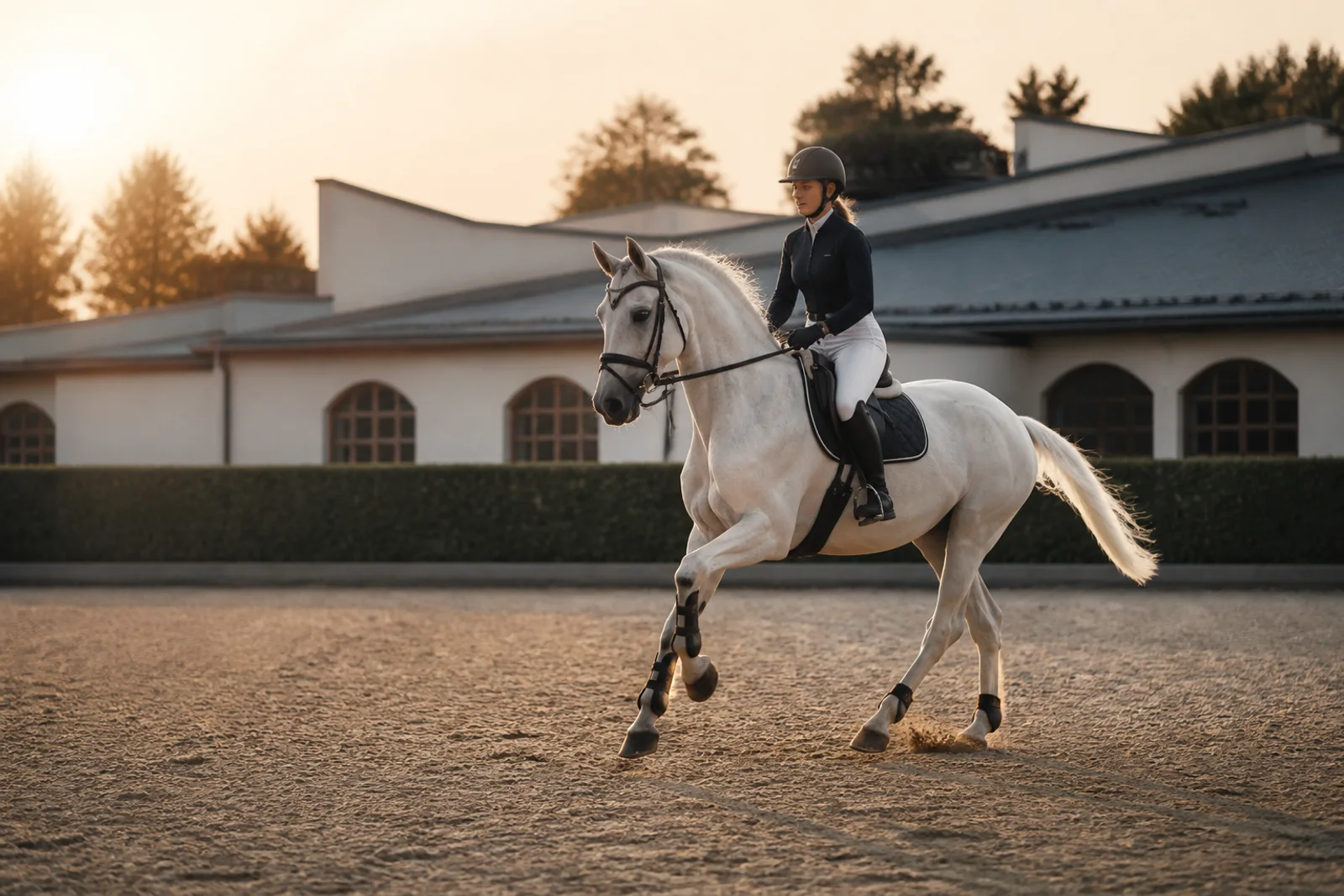 White sport horse training with a rider in an equestrian arena at sunrise